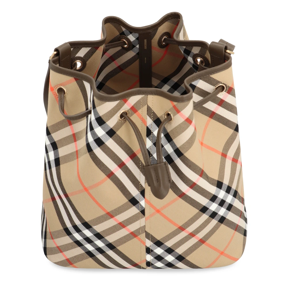 Burberry Geruite Bucket Bag met Leren Details Beige Dames