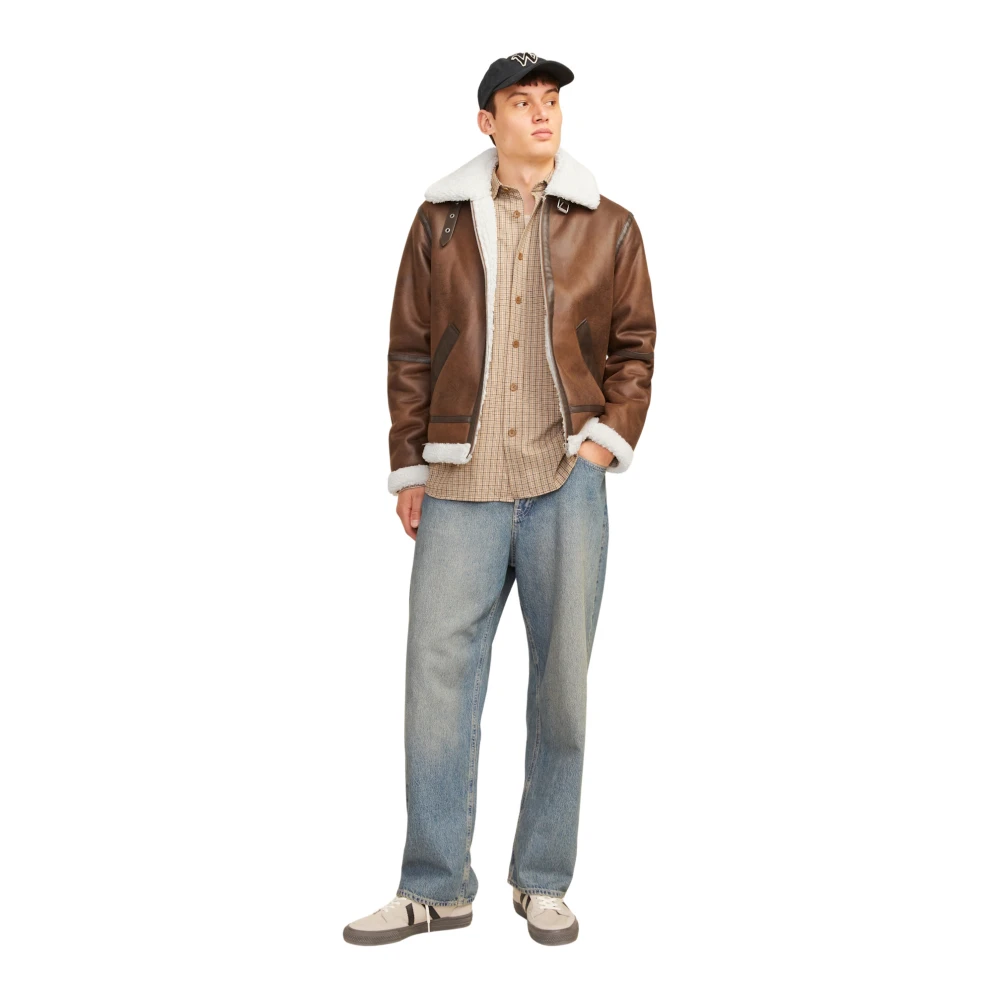 jack & jones Aviator Leren Jas met Teddy Fleece Brown Heren
