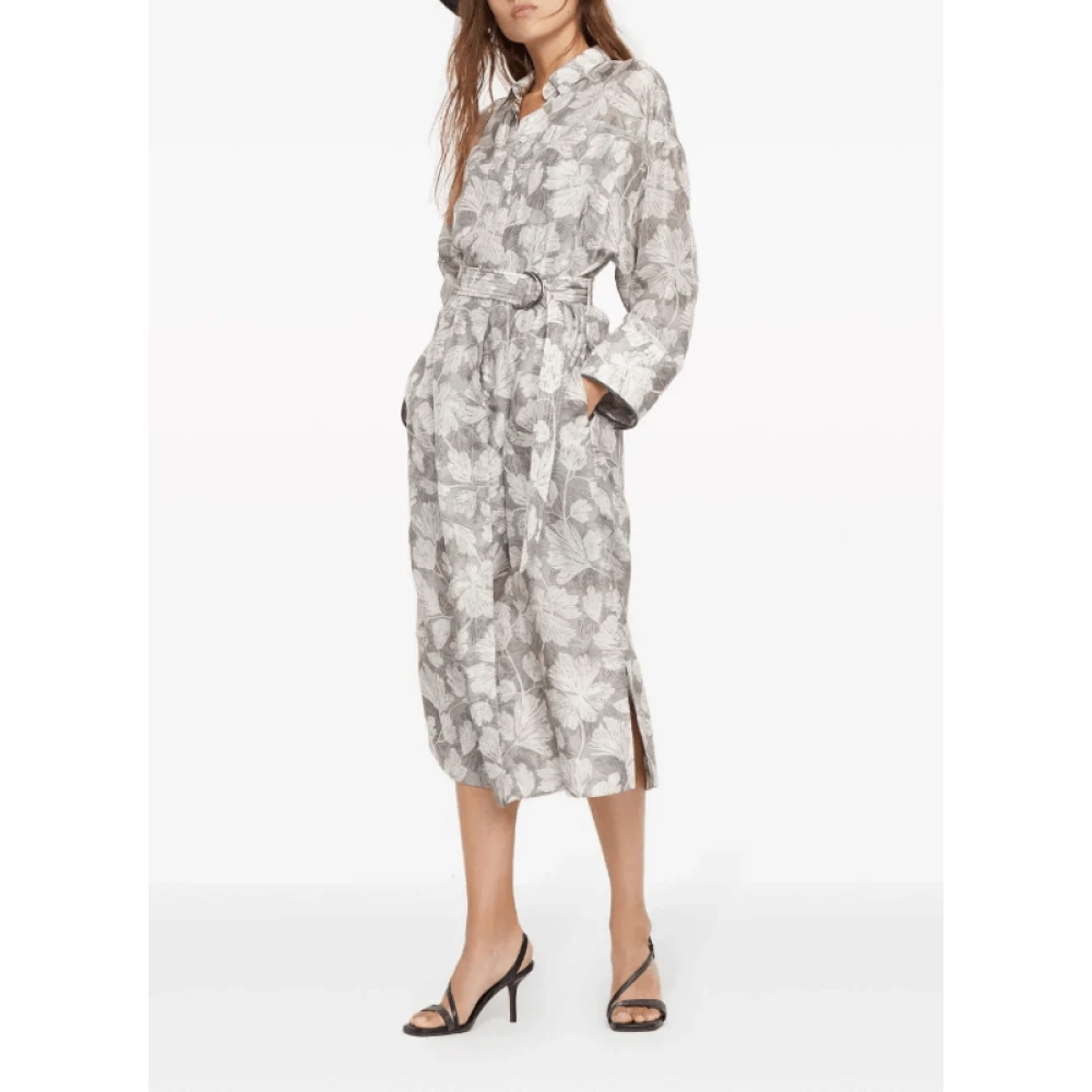 BRUNELLO CUCINELLI Midi jurk met bladprint en ceintuur Gray Dames