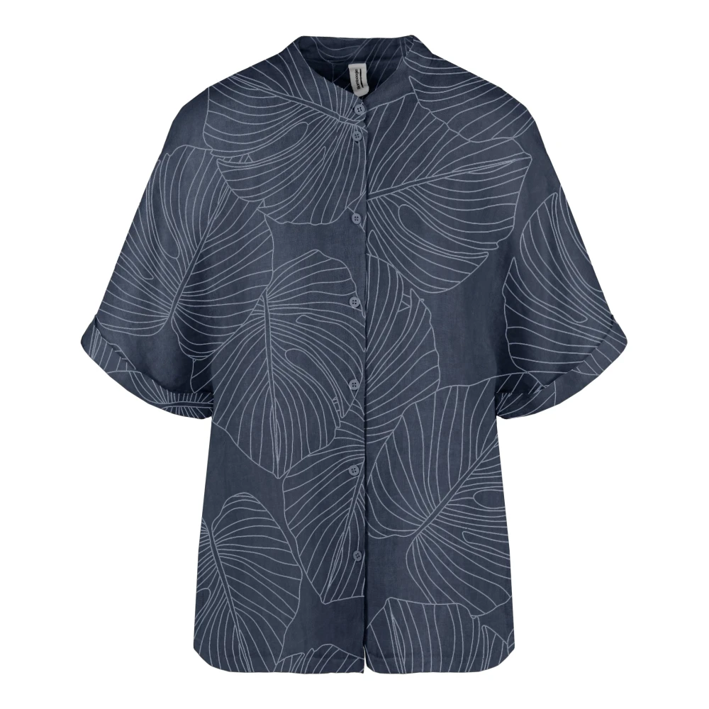 Bomboogie Donna Blu - Camicia In Lino Con Collo Alla Coreana - Blouses & Shirts - L