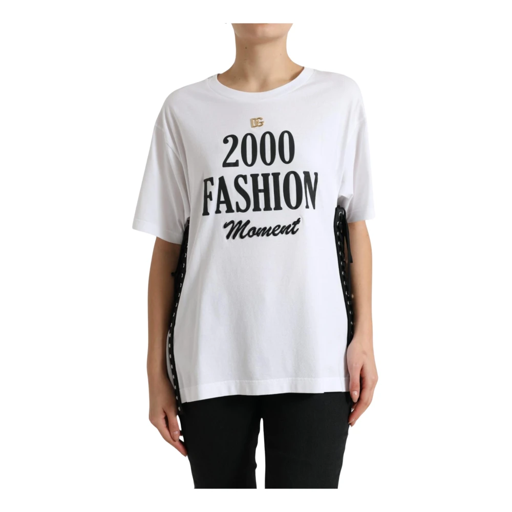 Dolce & Gabbana White T-Shirts, Female, 2XS, Lace-Up Slogan Tee With Gold Logo Plaque