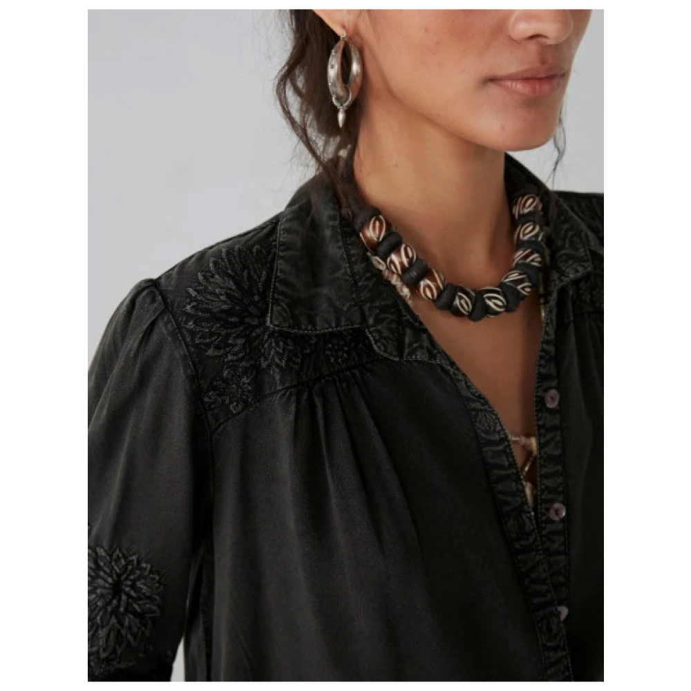 Maison Hotel Bloemen Geborduurd Overhemd Vintage Moderne Stijl Black Dames