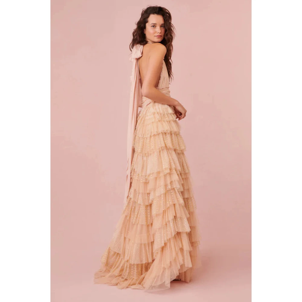 Loveshackfancy Glitter Tulle Halter Maxi Jurk Beige Dames