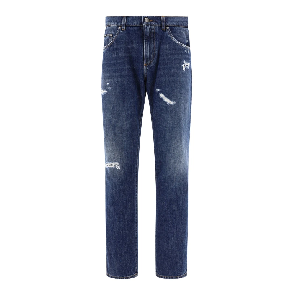 Dolce & Gabbana Straight Leg Jeans met Ripped Details Blue Heren