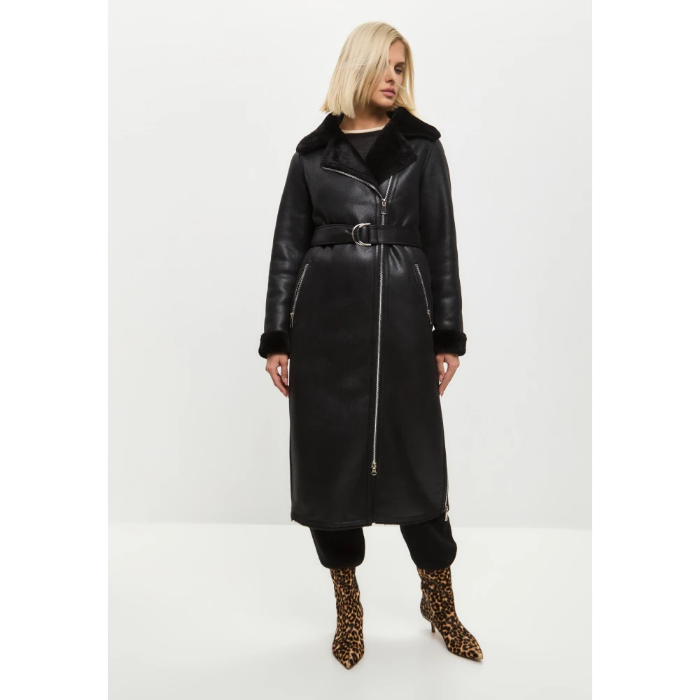 Cesare Gaspari Zwarte Faux Reversible Shearling Lange Jas Black Dames