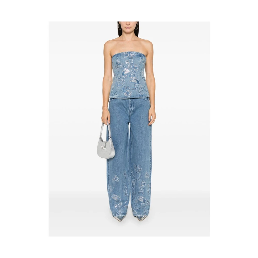 Rotate Birger Christensen Indigo Blue Denim Jurk met Bloemenborduursel Blue Dames