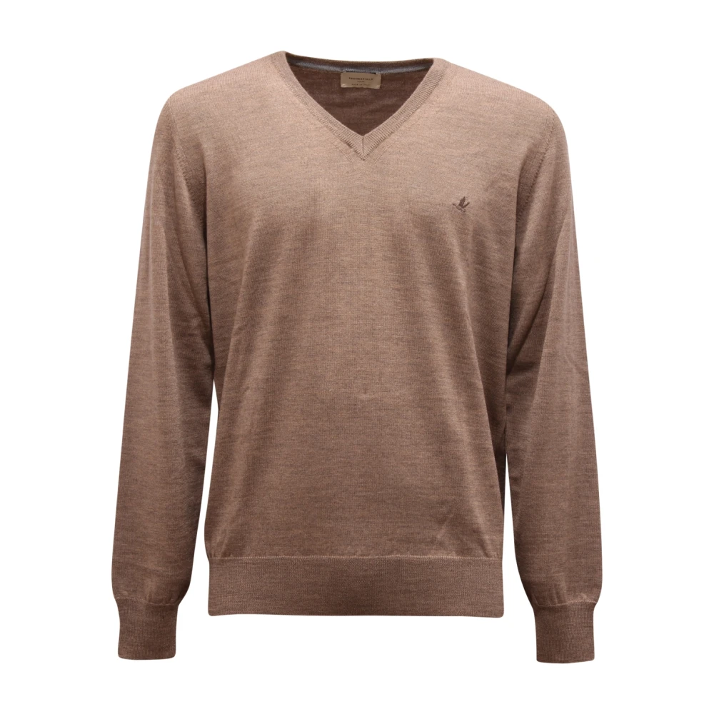 Brooksfield Men's Beige V-Neck Wool Sweater Made In Italy
