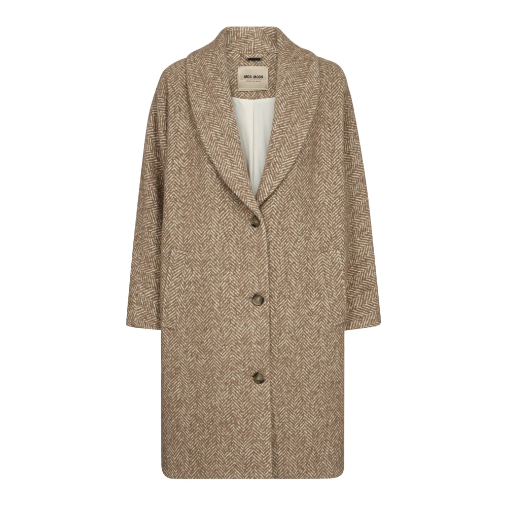 MOS MOSH Herringbone Coat met V-hals en zakken Beige Dames
