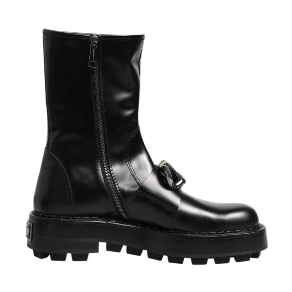Dolce & Gabbana Men's Black Ankle Boots, 10 Uk, Logo Plaque Biker Boots