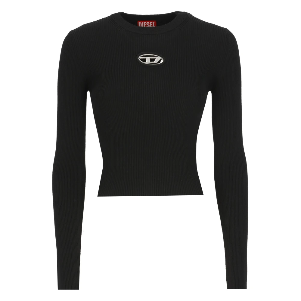 Diesel Geribde Zwarte Trui Metaal Logo Black Dames