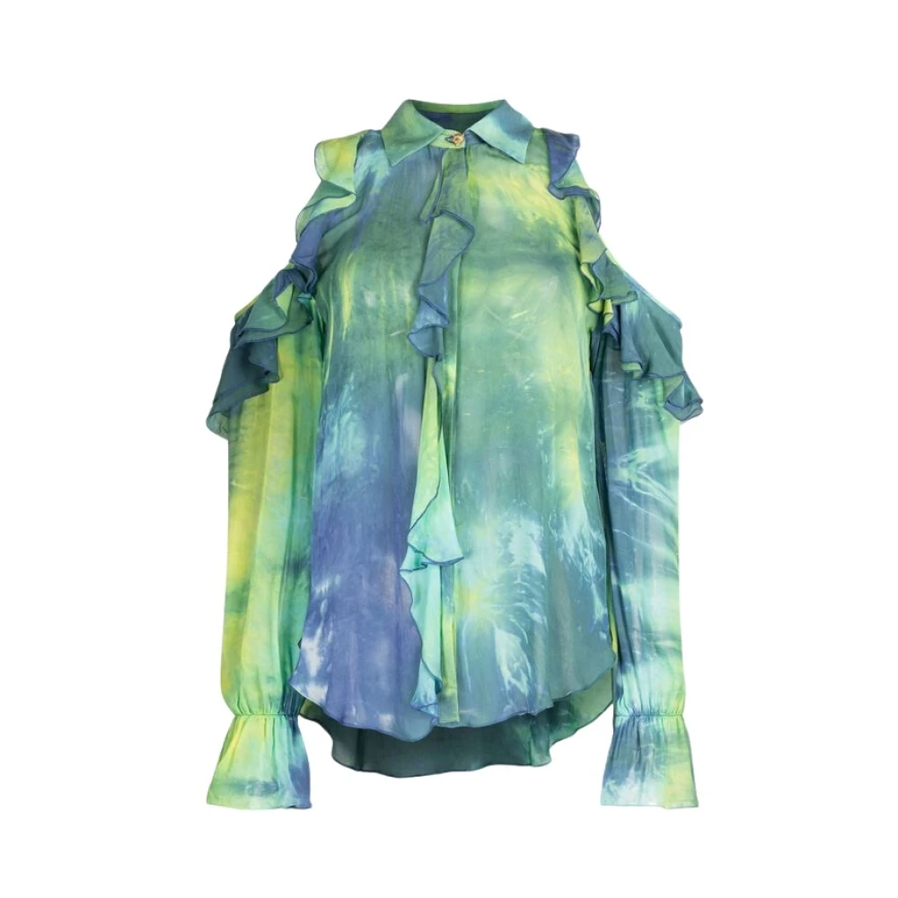 Roberto Cavalli Women's Multicolor Blouses, Xs, Tie-Dye Panther Shirt With Ruffles