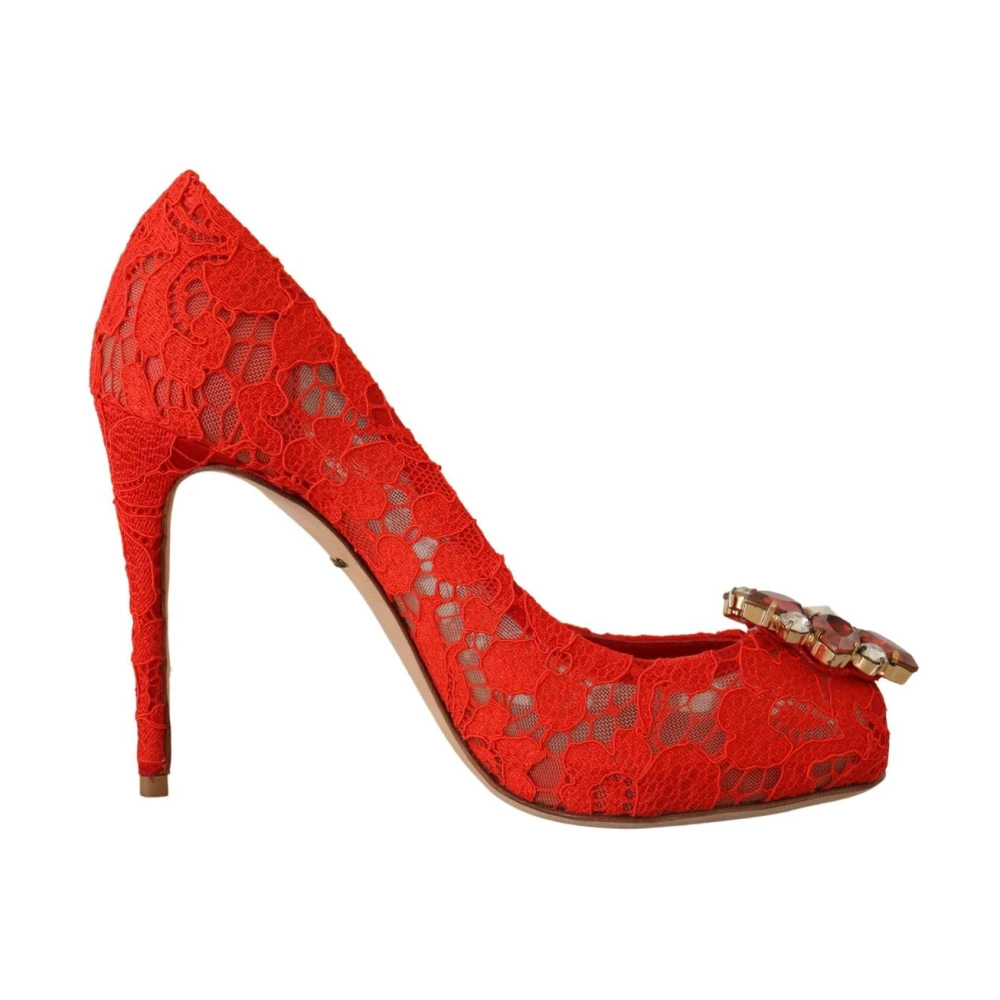 Dolce & Gabbana Femme Rouge Chaussures, Taille: 35 Eu Talons En Dentelle Avec Cristaux