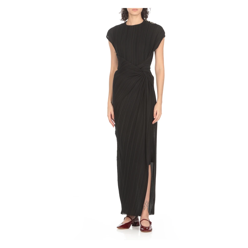 Lanvin Zwarte Geplooide Jurk Ronde Hals Korte Mouwen Black Dames