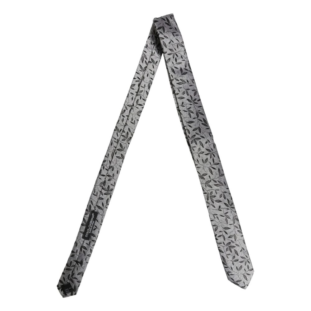 Dolce & Gabbana Men Gray Leaf Pattern Silk Adjustable Tied Necktie Tie - Image 2