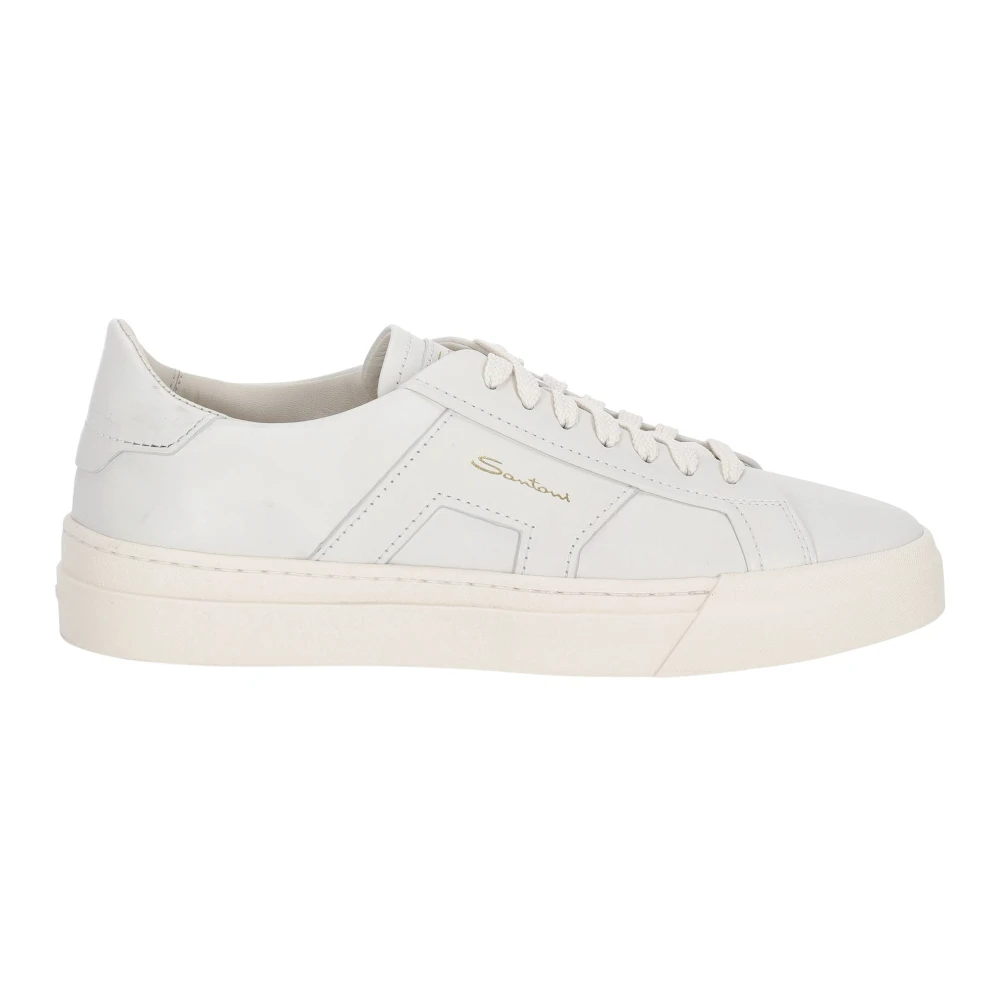 Santoni Men's White Sneakers, 8 Uk, Double Buckle Leather Trainers