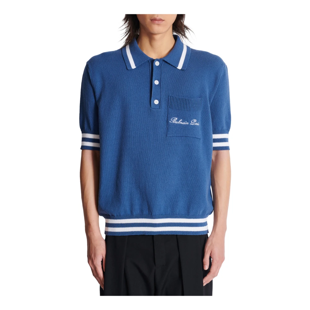 Balmain Katoen-linnen poloshirt met Balain Signature borduurwerk Blue Heren
