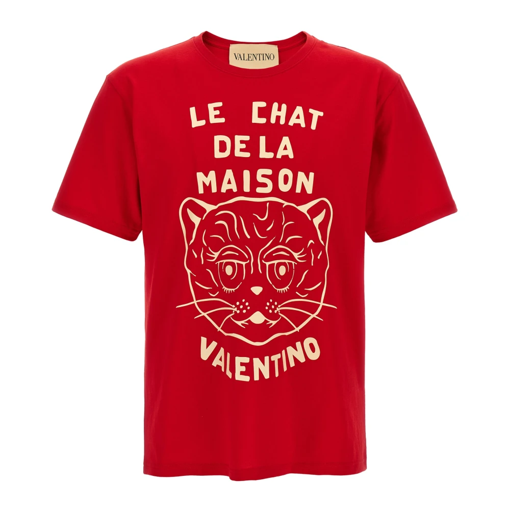 Valentino Garavani Cotton T-Shirt With Le Chat De La Maison Print - Male - T-Shirts - Red - L - Tops - Image 1