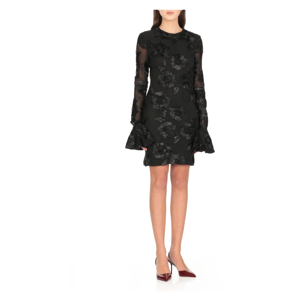 Rotate Birger Christensen Zwarte jurk met bloemenreliëf en lange mouwen Black Dames