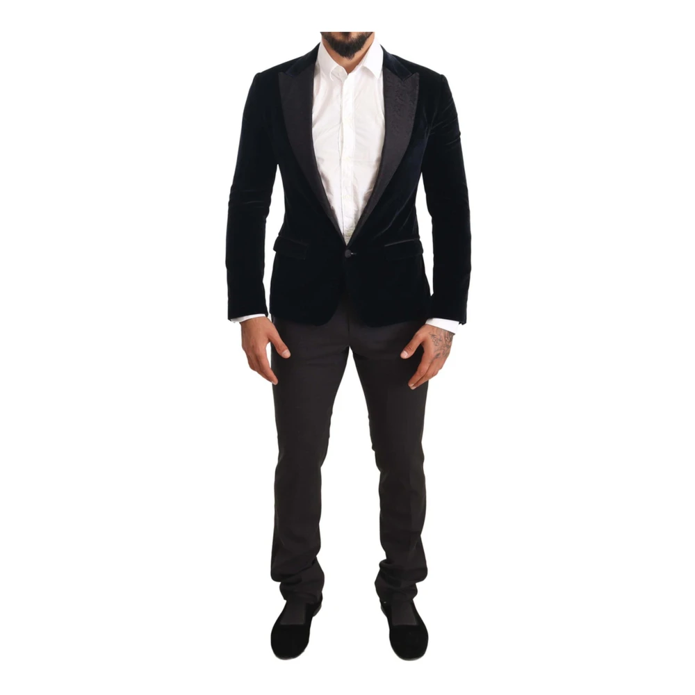 Dolce & Gabbana Svart Sammet Tvådelad Kostym, Slim Fit Blue, Herr