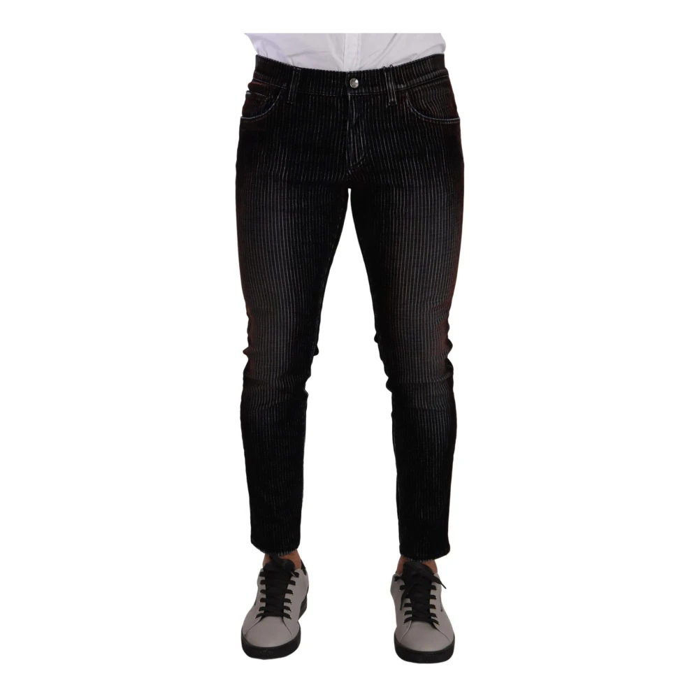 Dolce & Gabbana Elegant Gestreepte Zwarte Slim Fit Denim Black Heren