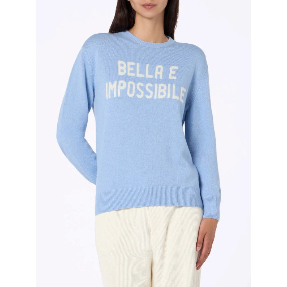 MC2 Saint Barth Blauwe dames trui met Bella en Impossible print Blue Dames