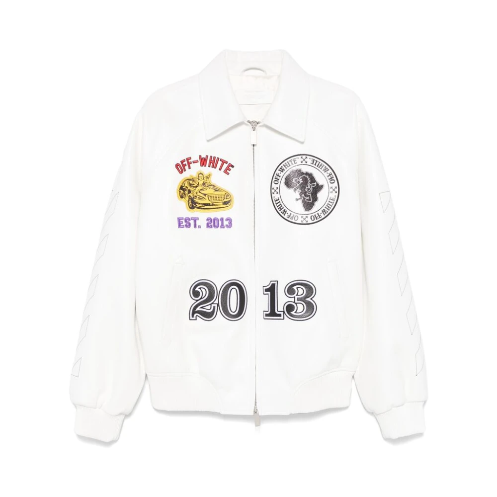 Off White Witte Leren Jas met Geborduurd Logo Multicolor Heren