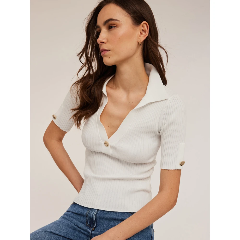 Motivi Ribgebreid Poloshirt White Dames