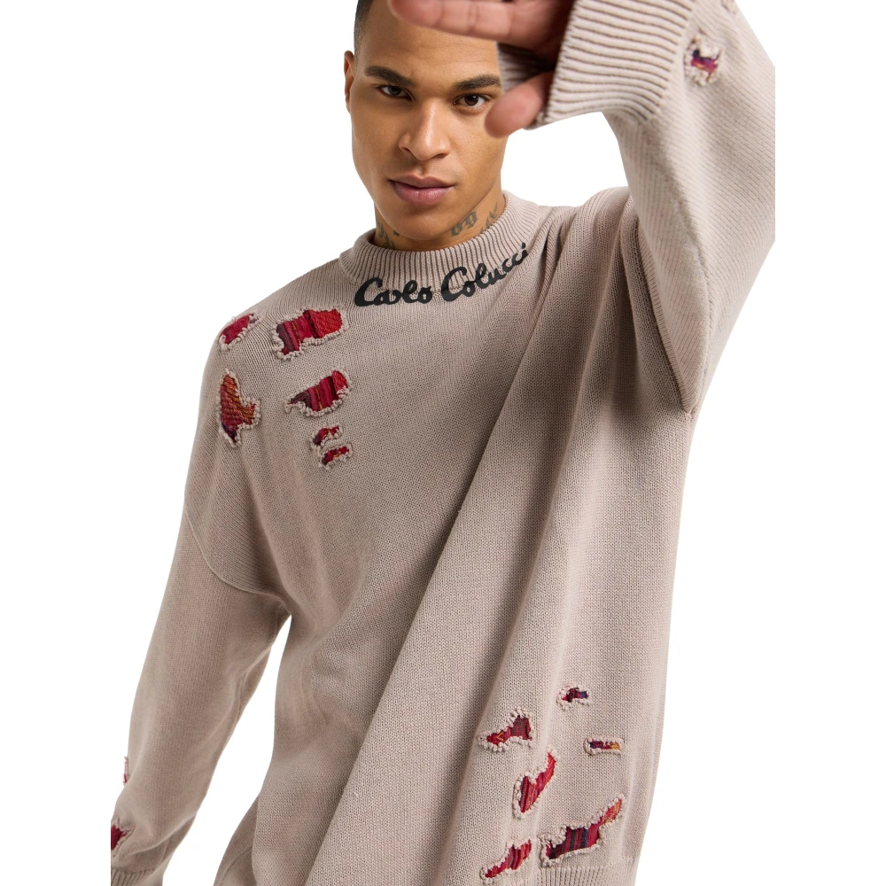 carlo colucci Tijdloze Oversized Trui met Gebreid Patroon Beige Heren