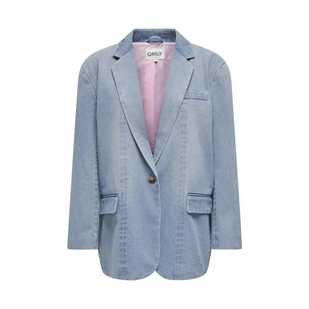 Only Lichtblauwe Denim Blazer met Roze Voering Blue Dames