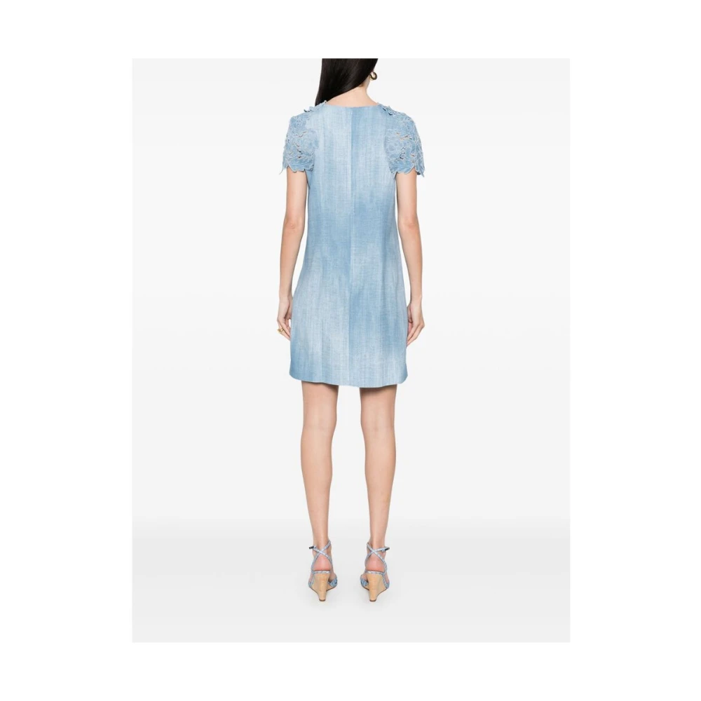 Ermanno Scervino Blauwe Bloemen Kant Korte Mouw Jurk Blue Dames
