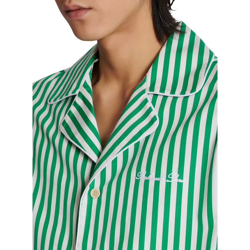 Balmain Kortemouw gestreepte katoenen pyjamashirt Green Heren
