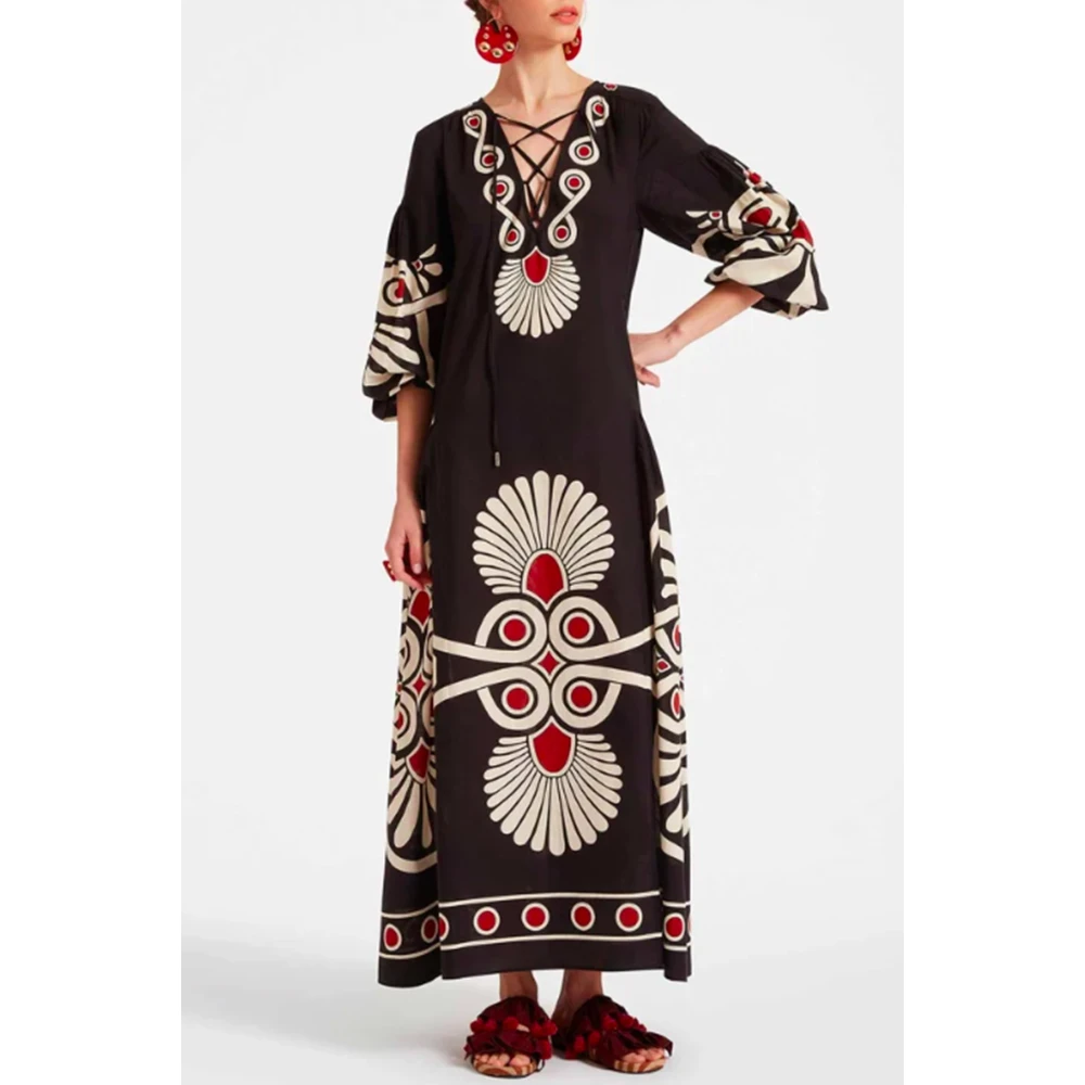 La DoubleJ Geometrische Print Zwarte Jurk met V-Hals Multicolor Dames