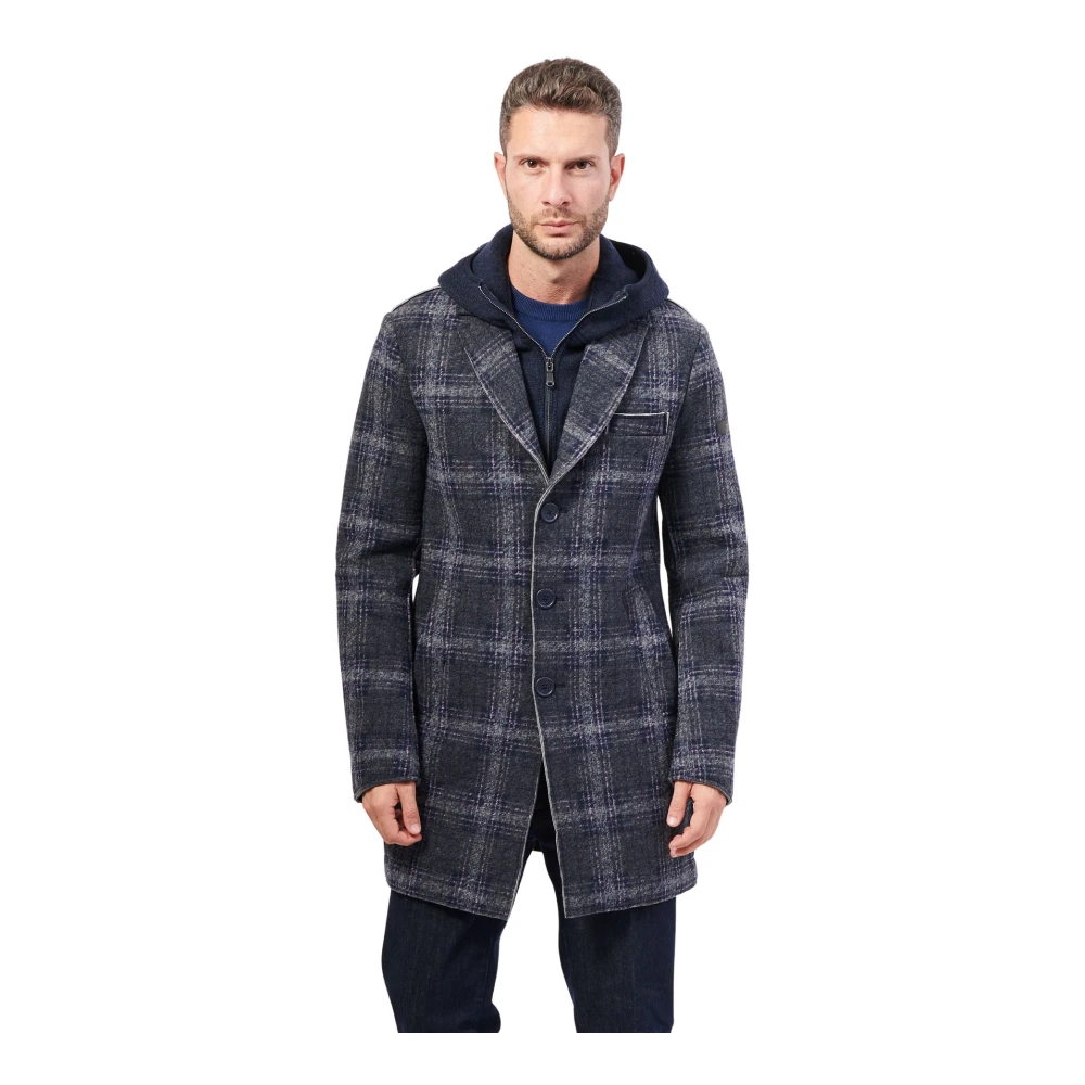 YES ZEE Blauw geruit neopreen lang jas Blue Heren