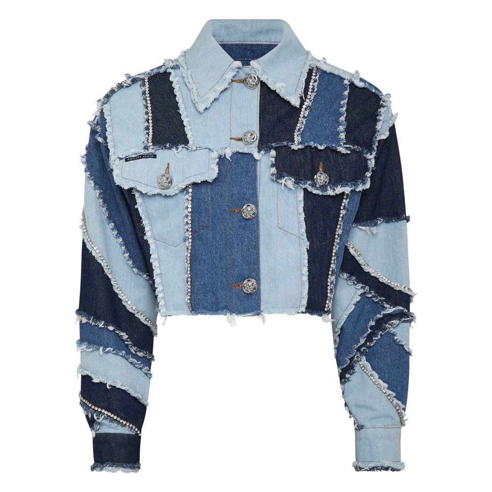 Philipp Plein Kvinno Blå Jackor Dam, L, Denim, Denim Cropped Jacka Patchwork