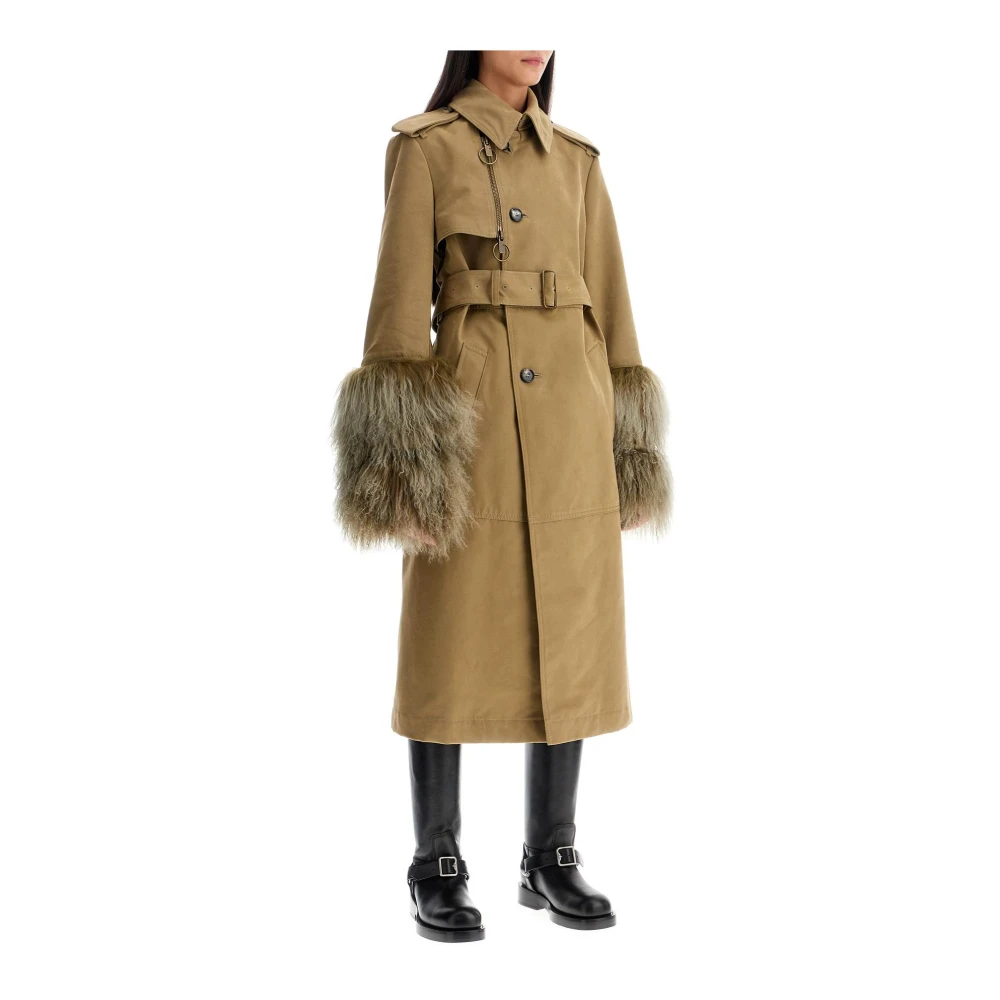 Burberry Lang Trenchcoat met Shearling Manchetten Green Dames