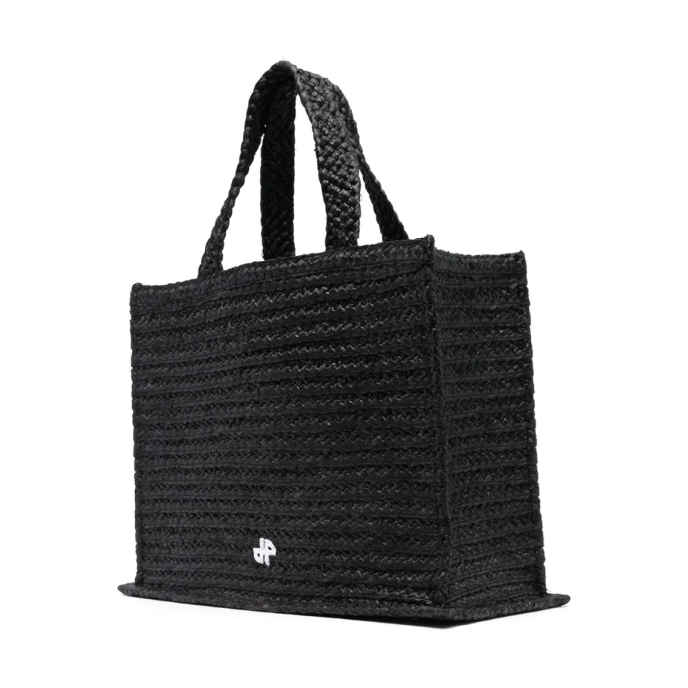 Patou Zwarte Raffia Tote Tas met Logo Applicatie Black Dames