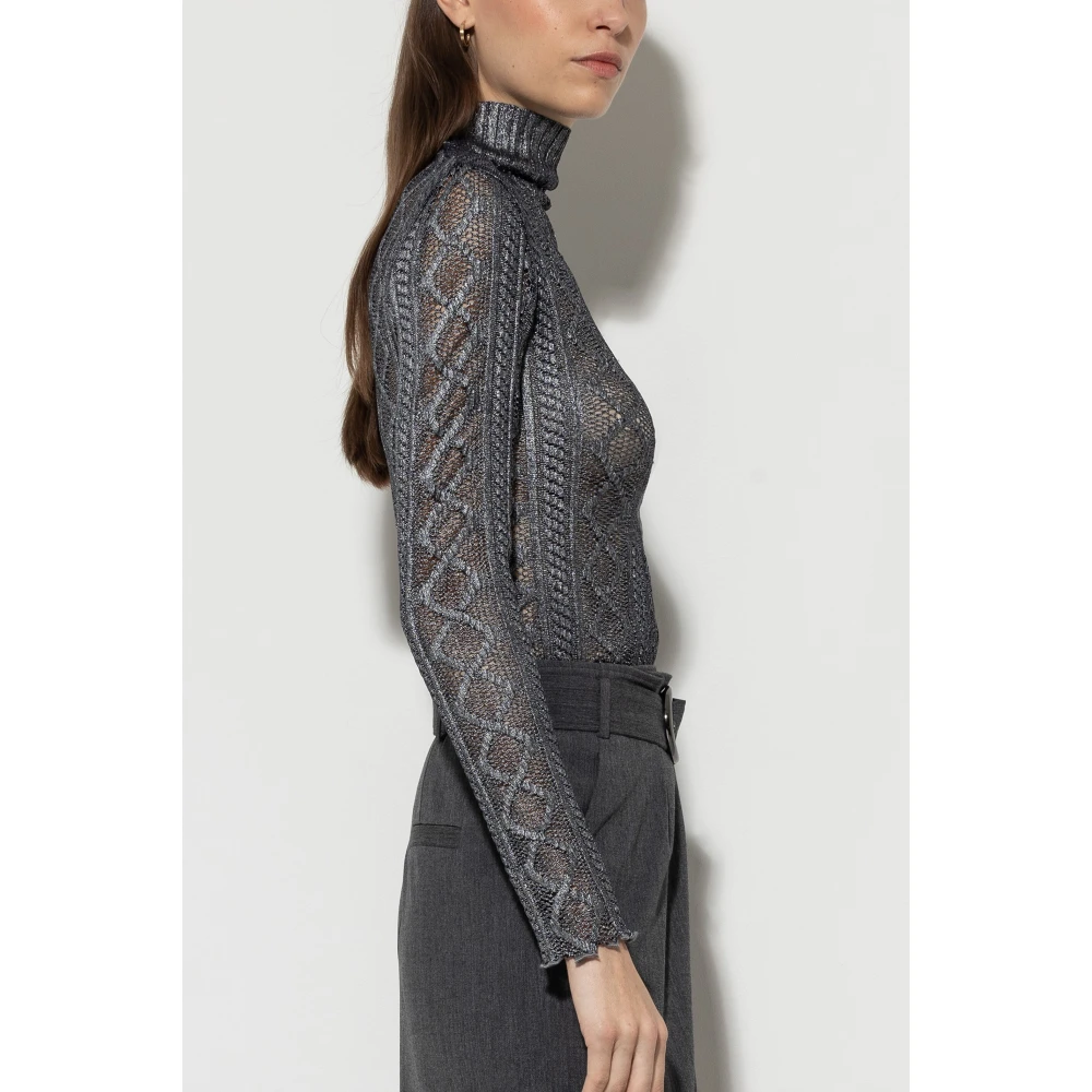 LUISA CERANO Kanten colshirt met metallic afwerking Gray Dames