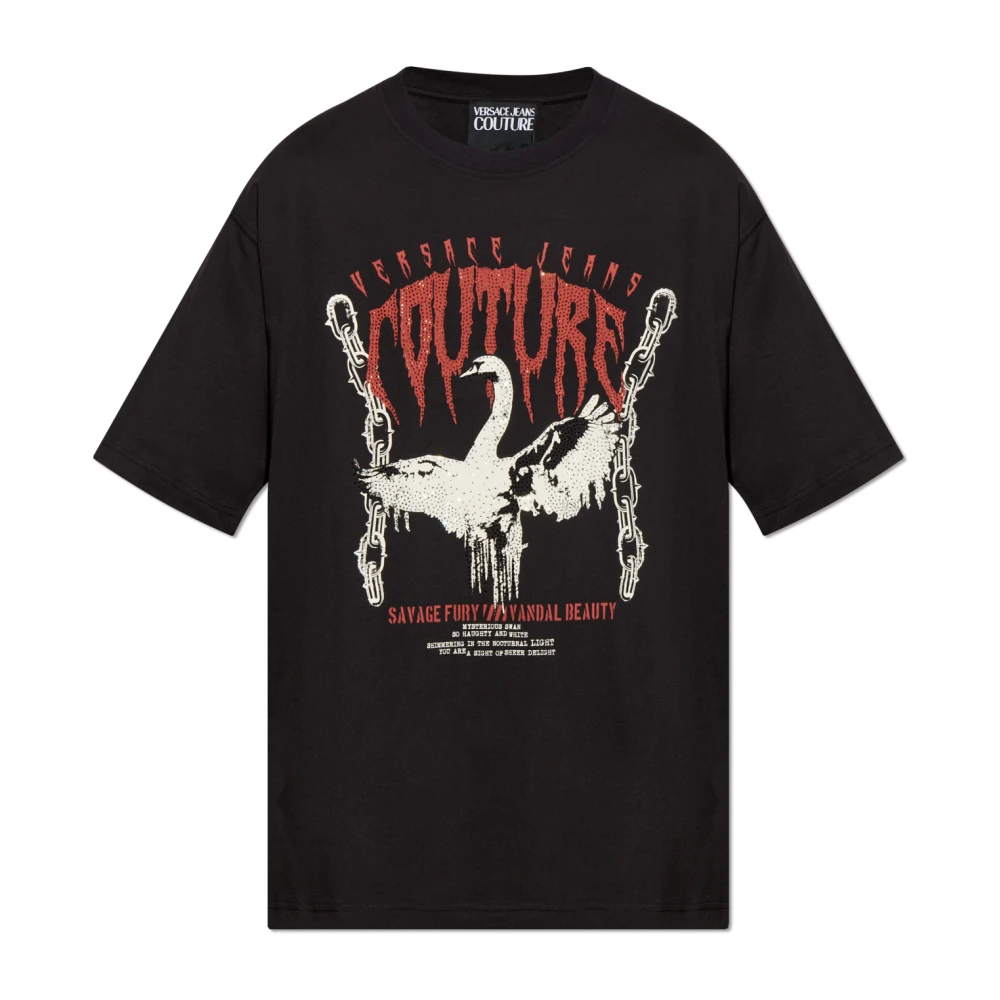 Versace Jeans Couture Men's Black T-Shirts, L, T-Shirt With Print And Shimmering Sequins