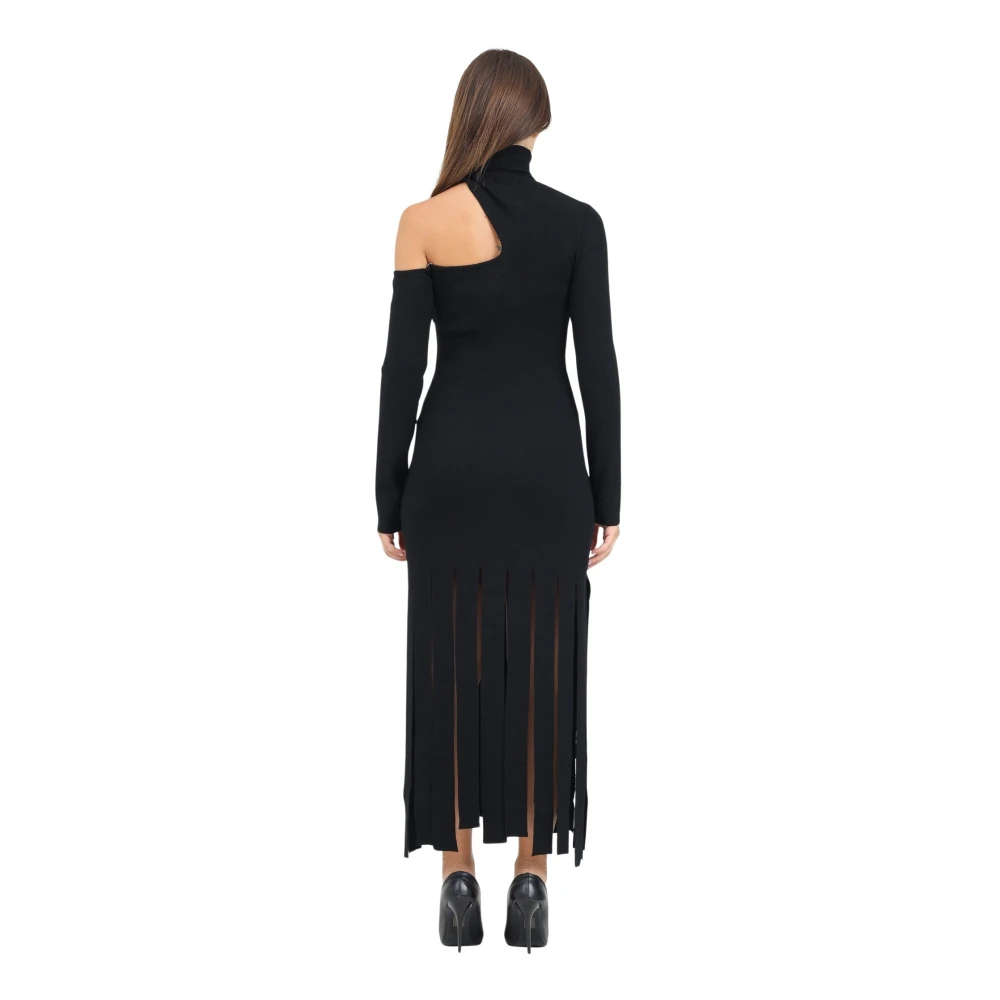 Akep Zwarte Gebreide Midi Jurk met Schouder Cut Out en Franje Detail Black Dames
