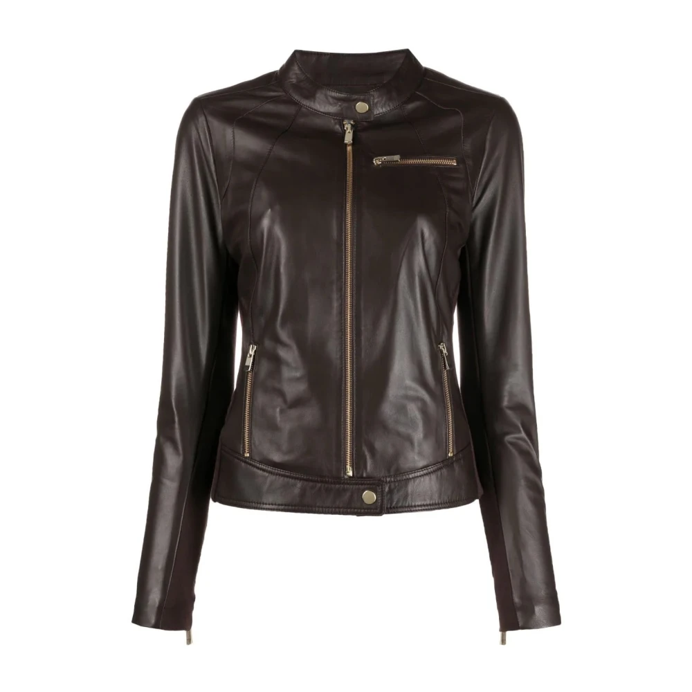 Arma Bandkraag Leren Jas Brown Dames