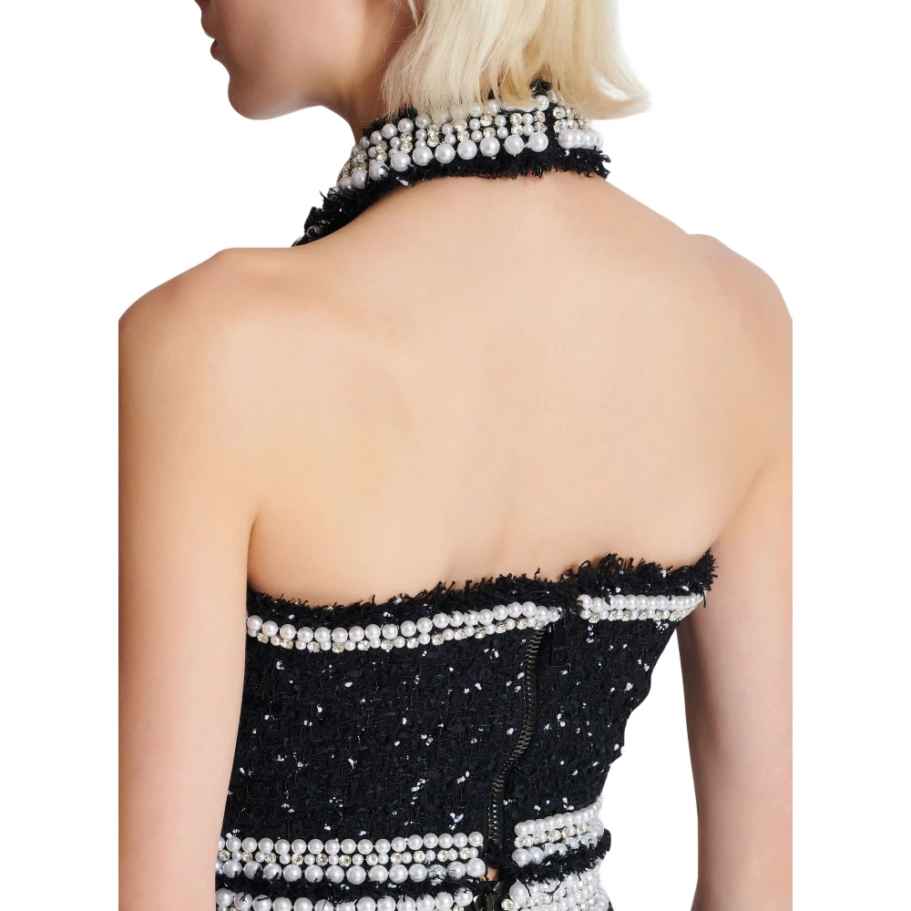 Balmain Geborduurde polka-dot tweed halternek top Black Dames