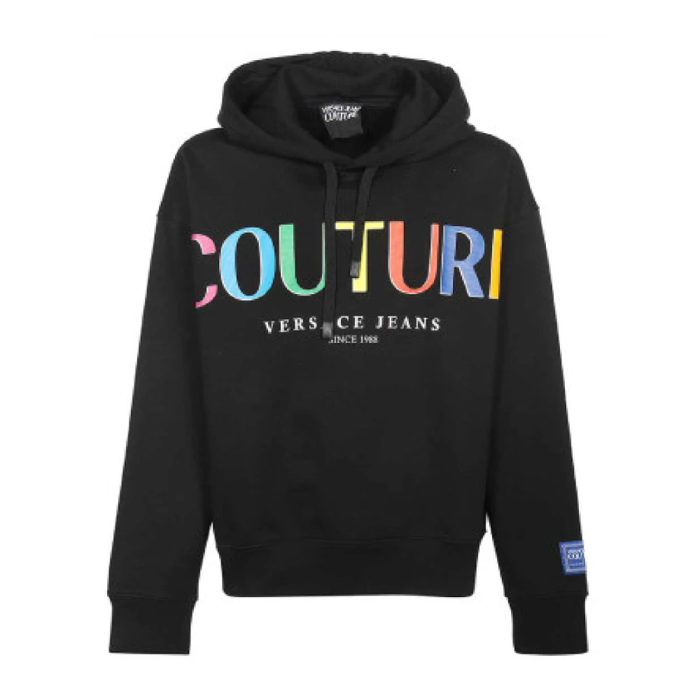 Versace Jeans Couture Men's Black Hooded Sweatshirt With Multicolor Logo Print