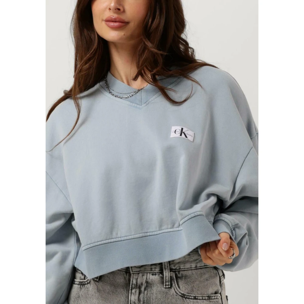 Calvin Klein Geweven Label V-hals Trui Blue Dames