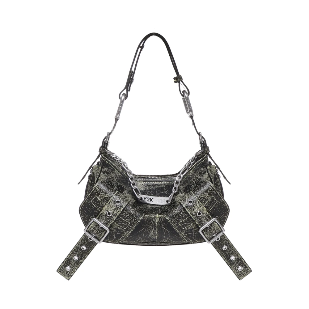 Biasia Craquele Leren Schoudertas in Zwart Gray Dames