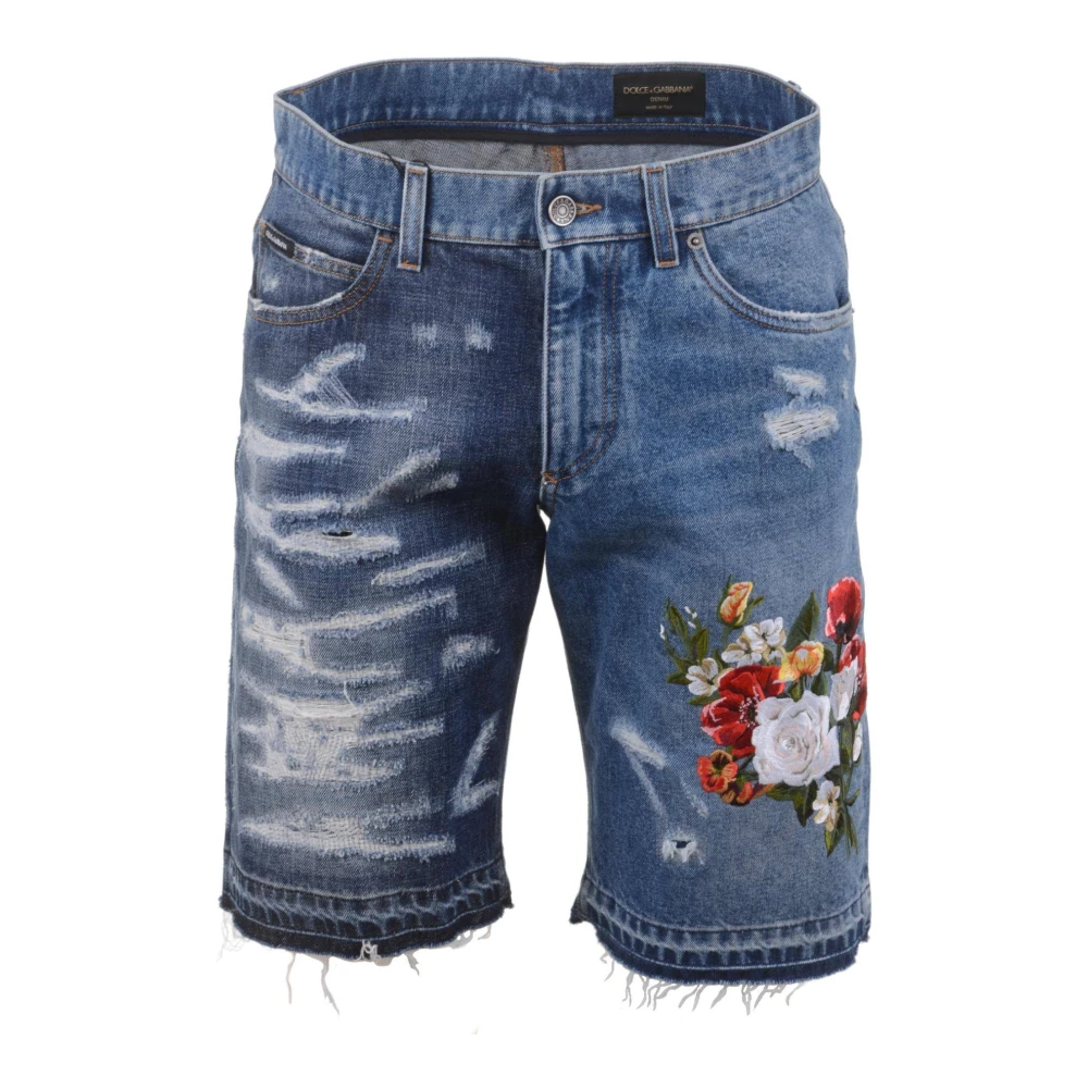 Dolce & Gabbana Heren Denim Bloemen Bermuda Shorts Blue Heren