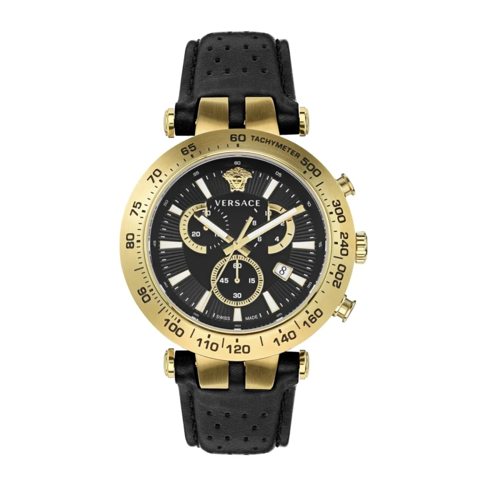 Versace Bold Chrono Svart Läder Guld Klocka Yellow, Herr