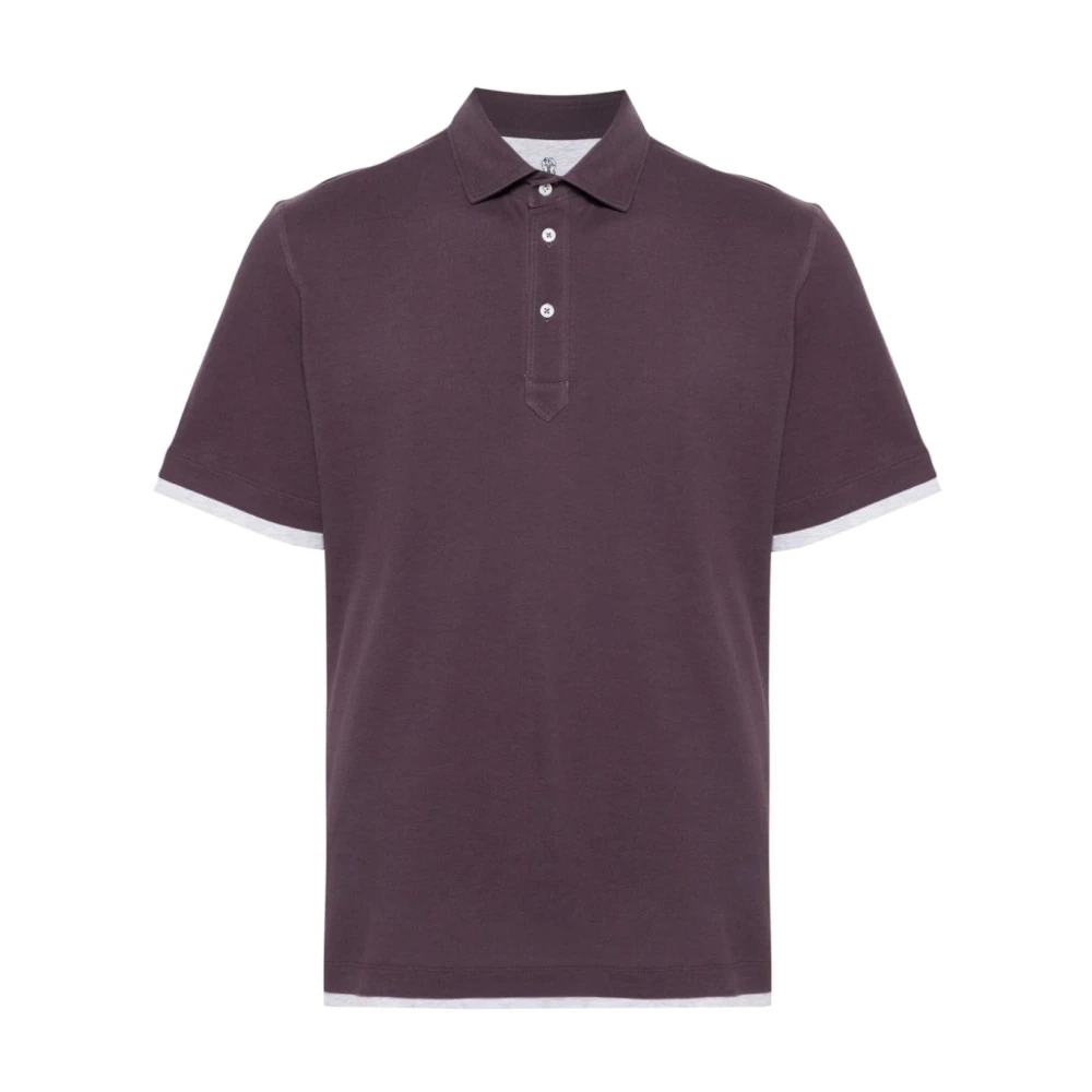 BRUNELLO CUCINELLI Aubergine Polo Shirt Gelaagde Details Purple Heren