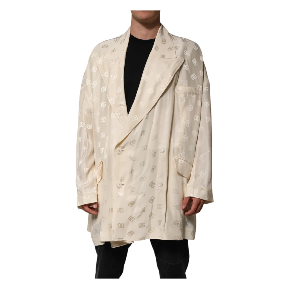 Dolce & Gabbana Men's Beige Logo Monogram Coat Jacket - Double-Breasted Coats - L - Coats