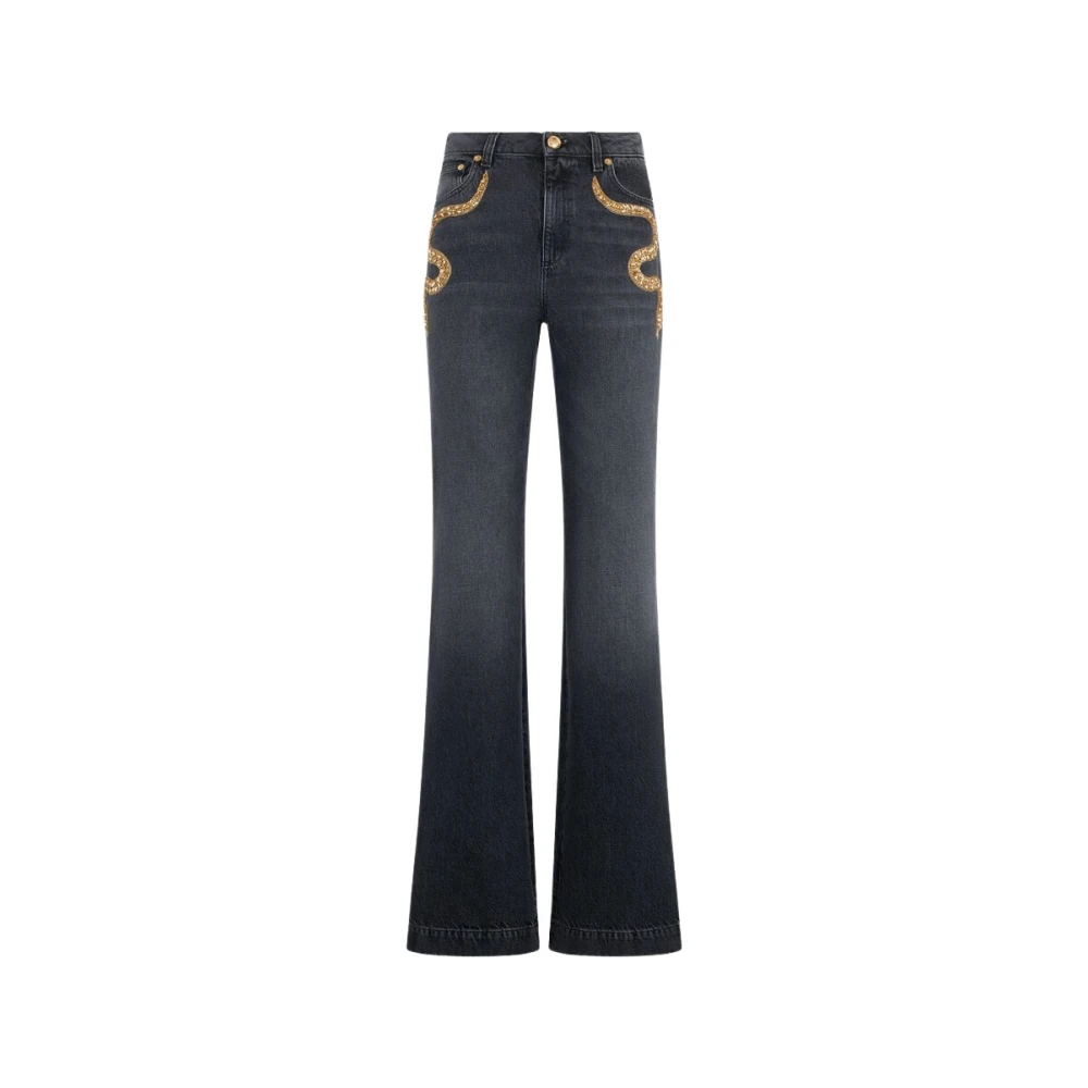 Roberto Cavalli Black Flare Jeans, Female, M, Flared Jeans With Snake Embroidery