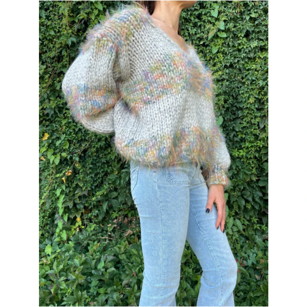 Les tricots d'O V-hals Alpaca Trui met Ballonmouwen Gray Dames